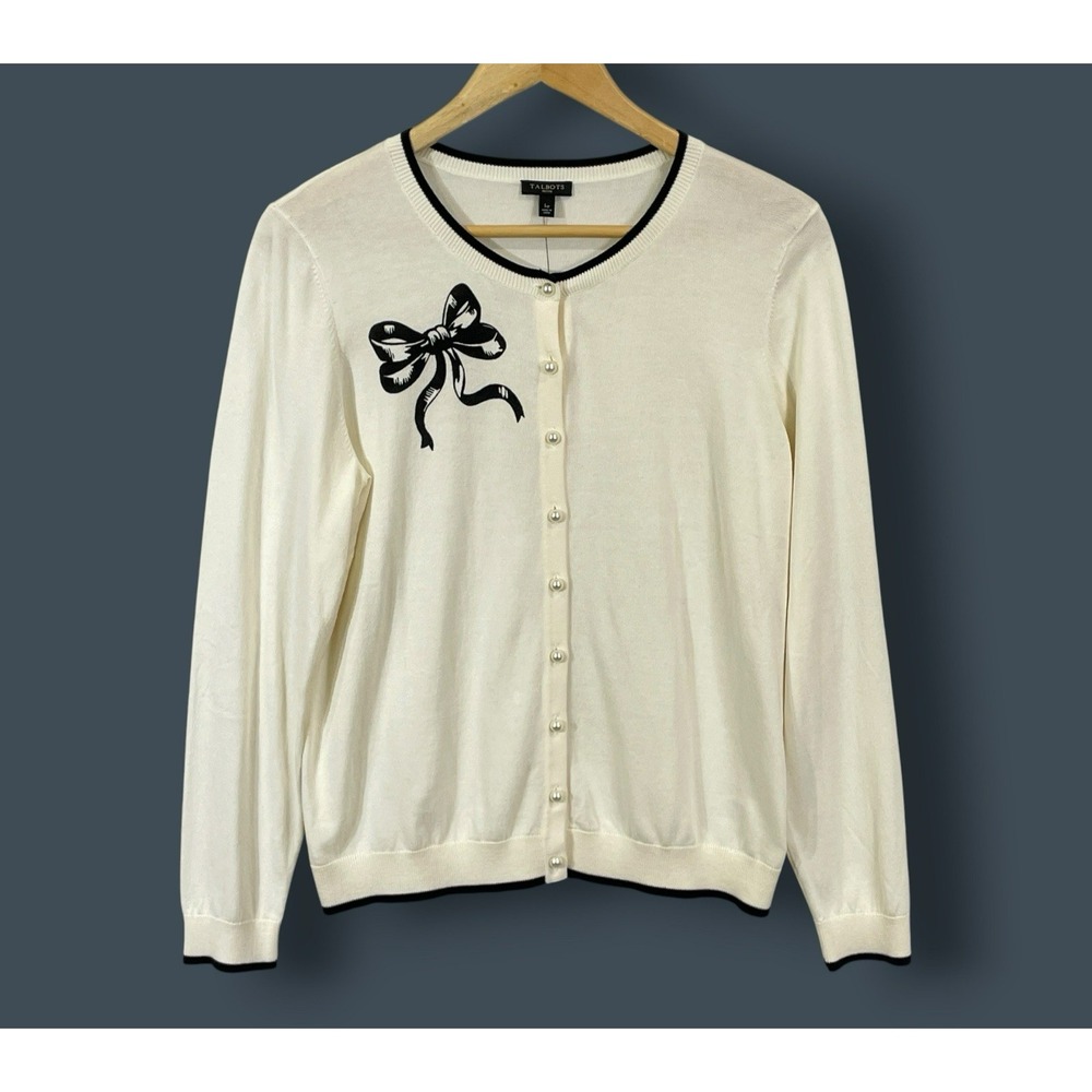 Talbots Ivory Black Bow Pearl Button Cardigan Sweater Size Petite L Preppy Party